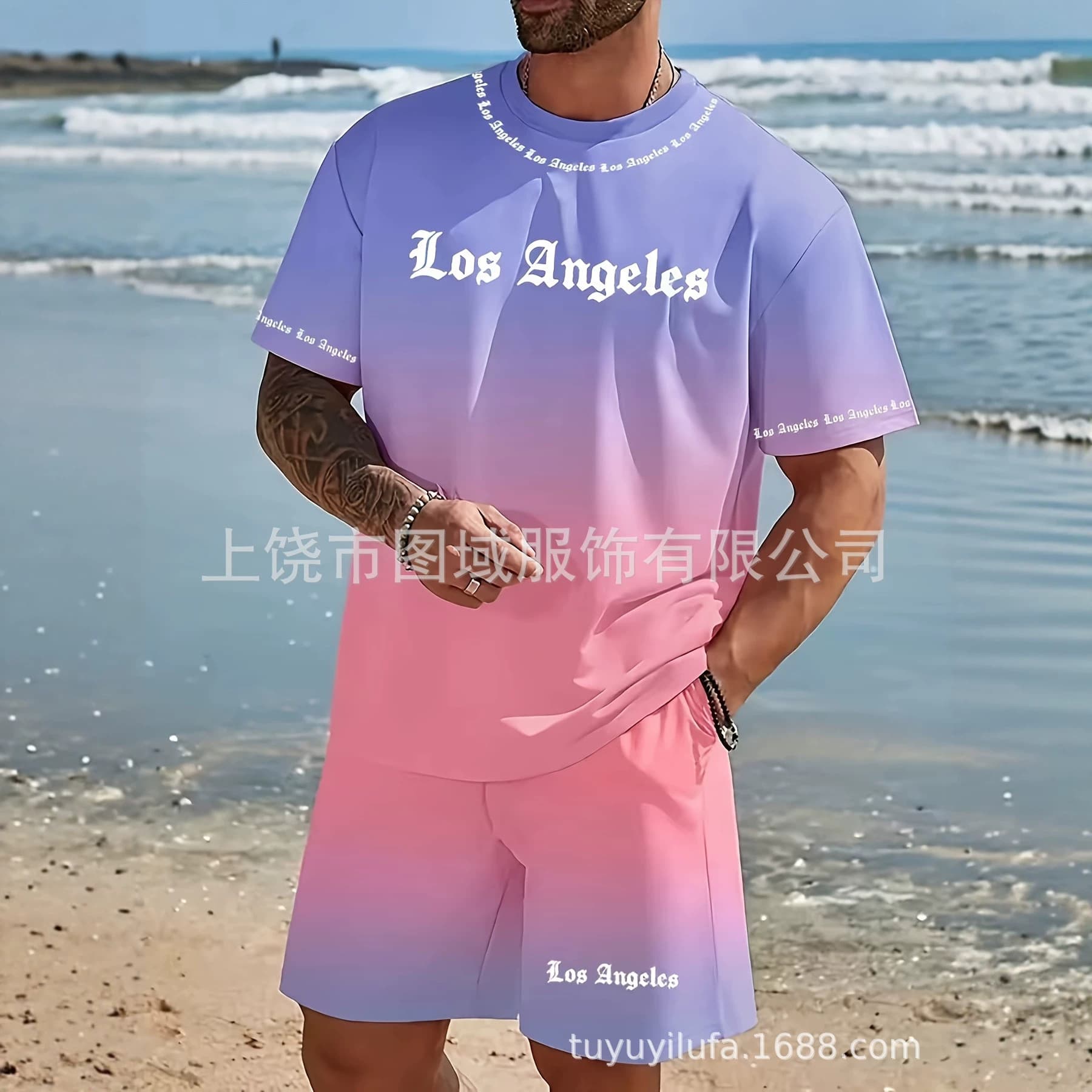European and American summer gradient print men's sports suit Los Angeles letter round neck T-shirt shorts set
