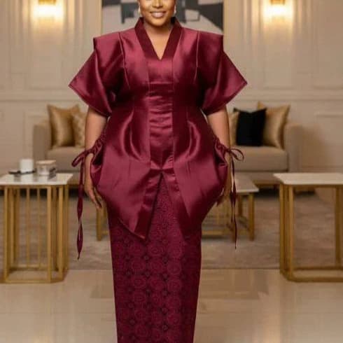 Plus Size Wine Red Satin Two-Piece Long Dress V-Neck Short Sleeve Drawstring Top Lace Pencil Skirt African Formal Suit