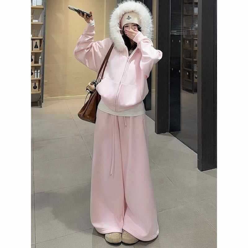 Salt-style Casual Sportswear Set for Women Autumn/Winter High-end Fashion Trendy Faux Fur Collar Jacket Wide-leg Pants Two-piece Set