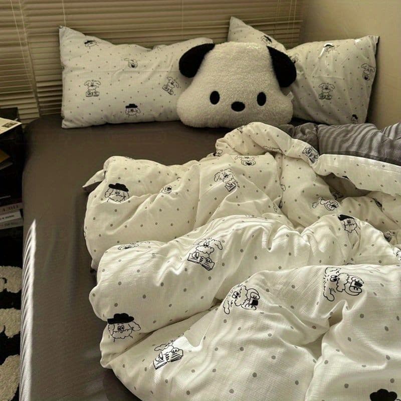 Ins Minimalist Style All-Season Cute Puppy 4-Piece Bed Sheet and Duvet Cover Set, Student Dormitory 3-Piece Set, Children's Bed