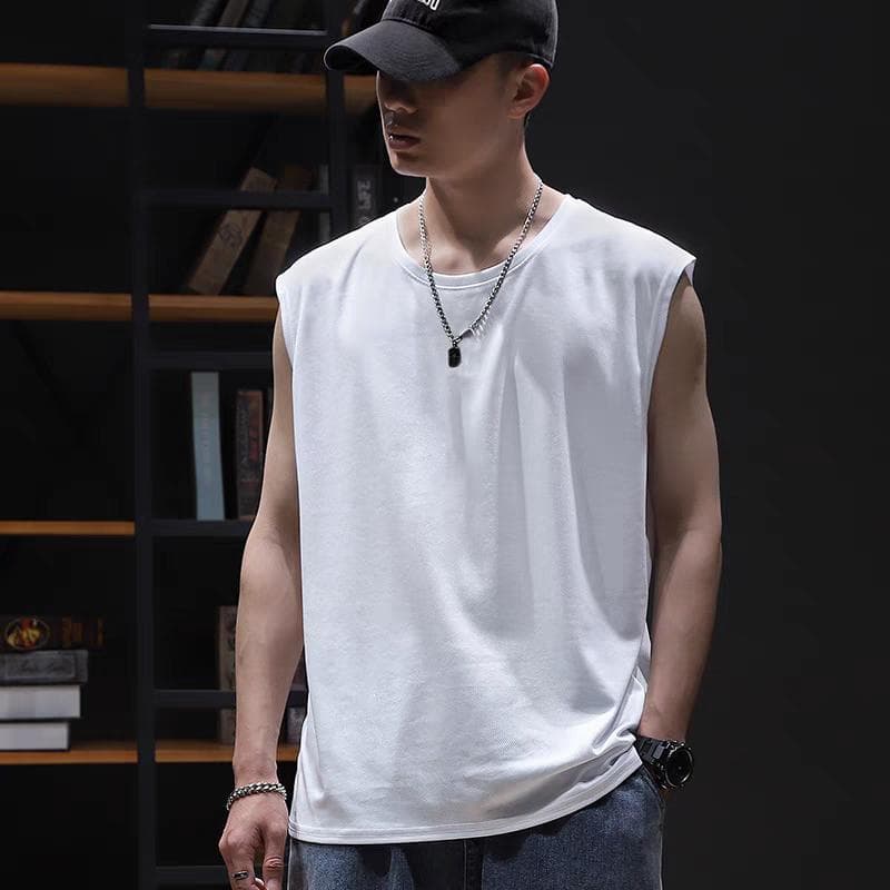 2025 New Ice Silk Tank Top T-Shirt Men's Summer Loose Fit Sports Fitness Quick-Dry Sleeveless Vest Thin Tee