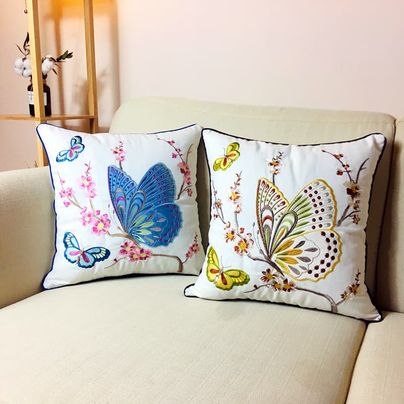 Chinese pastoral embroidery flower pillowcase bedside sofa office cotton back pillow living room bay window suzhou embroidery cushion