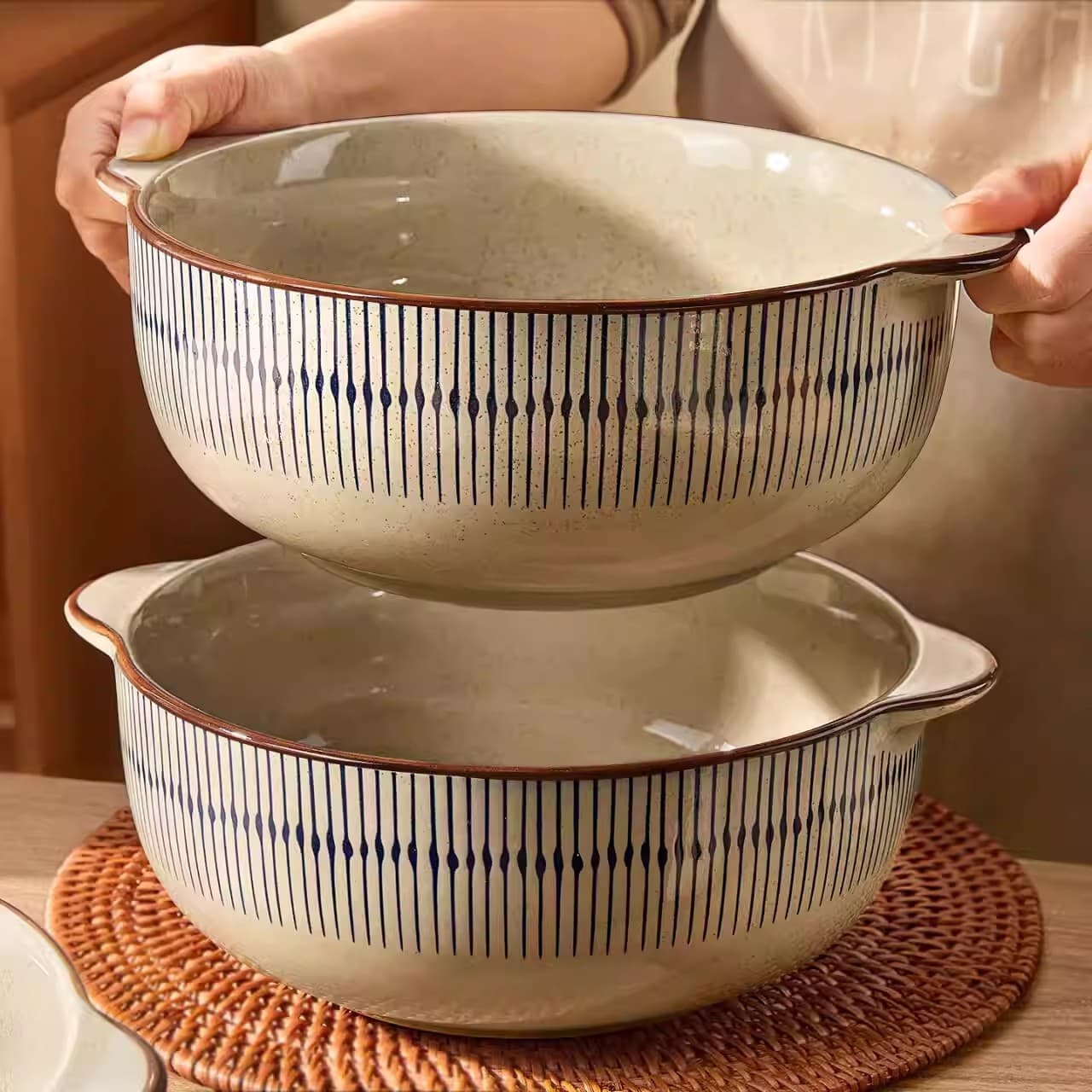 Japanese retro ceramic tableware soup basin household bowl large capacity soup bowl double ear bowl pickled fish basin bowl large bowl large basin
