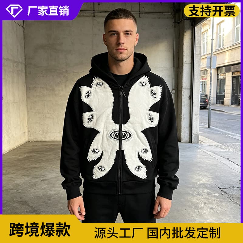 2026 New Trendy Street Oversized Zip-Up Hoodie Eye Print Fleece Jacket Fall Winter Top