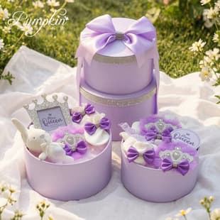 Newborn Baby Double-Layer Round Gift Box Purple with Diamond Crown Shiny Luxury High-End Girl Newborn Meeting Gift