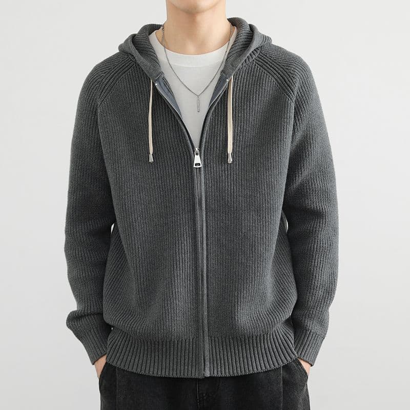Autumn/Winter New Premium Men's Fashion Versatile Hooded Cardigan Sweater Solid Color Casual Stylish Knit Jacket