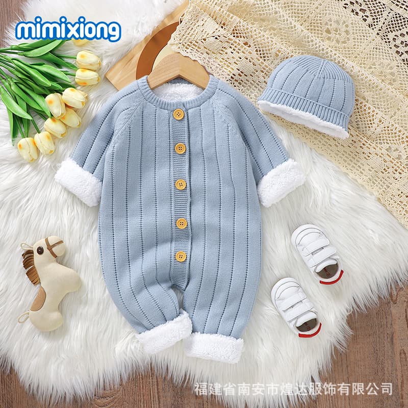 Ins Hot Selling Baby Romper Jumpsuit Solid Color Fleece Crawling Suit Set Knitted Boys Girls Warm Clothing Autumn Winter