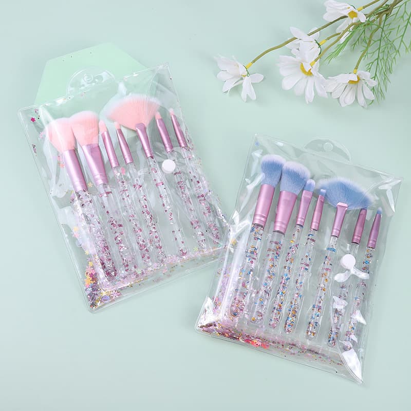 Cross-Border Best-Selling 7-Piece PVC Crystal Makeup Brush Set with Green Powder Handle, Including Powder Brush for Beginners