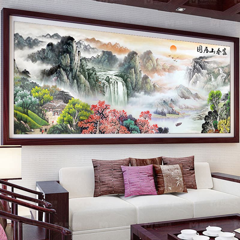 5D Diamond Painting "Dwelling in the Fuchun Mountains" Landscape Decorative Art Cross Stitch for Bedroom Living Room, Simple and Elegant, Full Drill