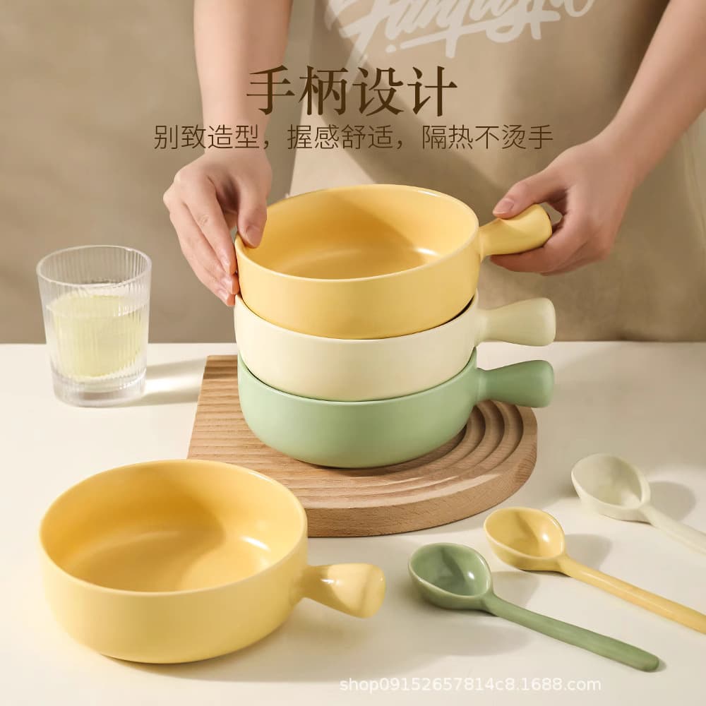 Drop Shipping Cream Color Baking Bowl Ceramic Handle Soup Bowl for Instant Noodles, Luosifen, Home Salad, and Baked Rice Bowl