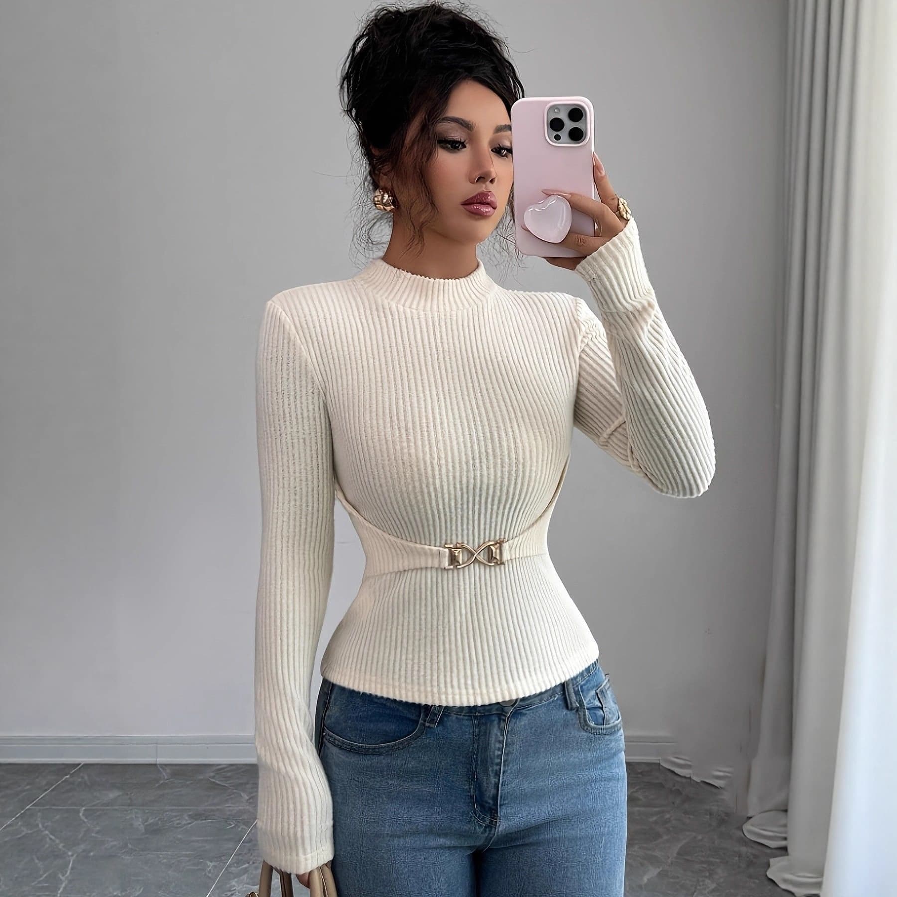 Cross-border foreign trade sexy European and American hot girl style solid color low-cut v-neck long-sleeved top T-shirt for women PJ0385