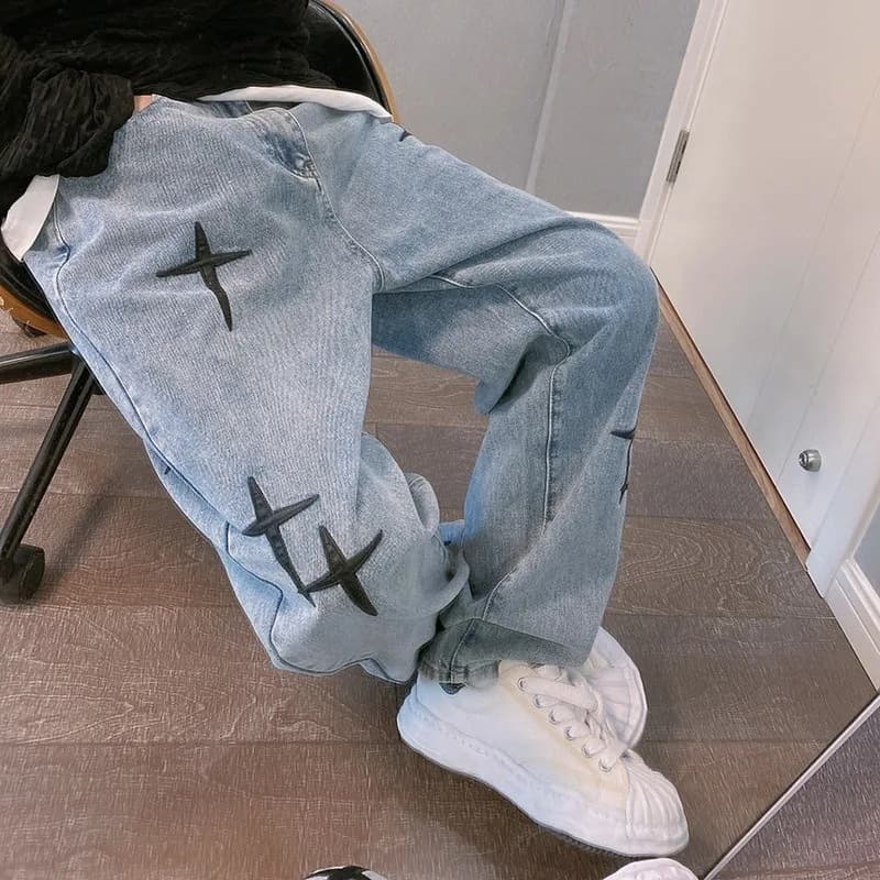 Boyfriend Retro Fashion Straight Loose Casual Denim Cargo Pants Men Designer Print Star Jeans Streetwear