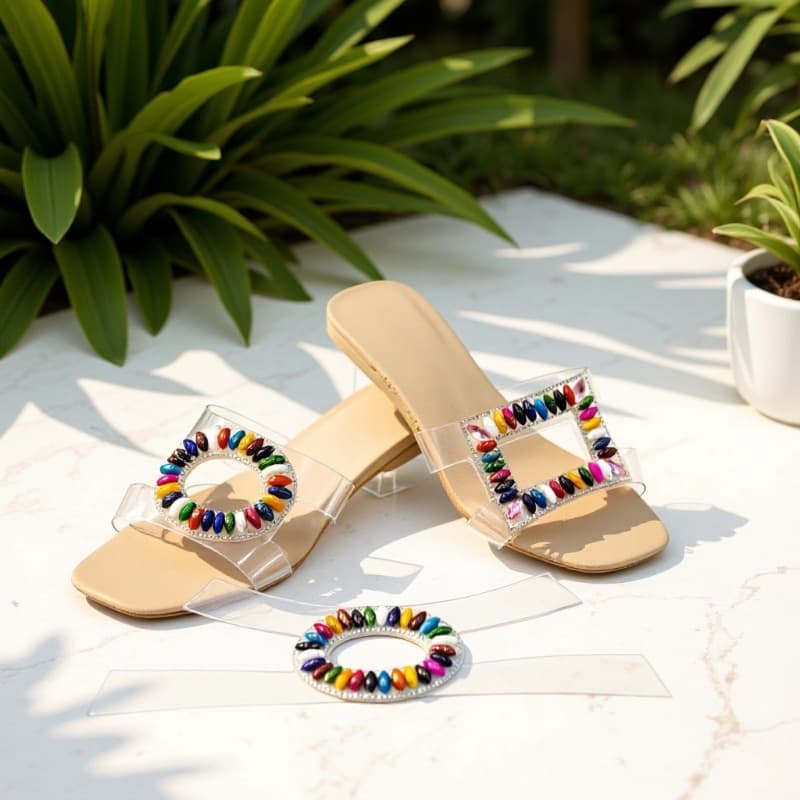 PVC, TPU acrylic transparent sheets with rice beads for uppers, semi-finished slippers and sandals with beaded uppers.