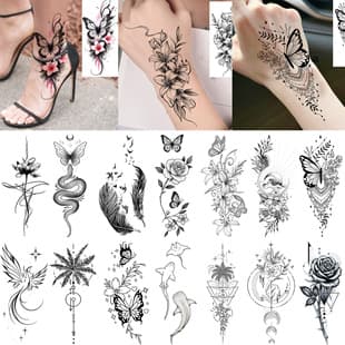 Black and White Animal Flower Hand Back and Foot Tattoo Stickers, Cross-border Realistic Europe and America Tattoo Stickers, Temu Amazon Tattoo