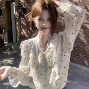 2025 New French Ruffled Polka Dot Blouse Women's Autumn Design Sense Tie Loose Unique Top Elegant