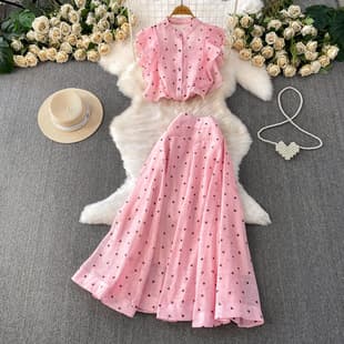 French Sweet Gentle Style Love Print Chiffon Ruffle Sleeve Shirt + High-Waist Slimming A-Line Umbrella Skirt Two-Piece Set