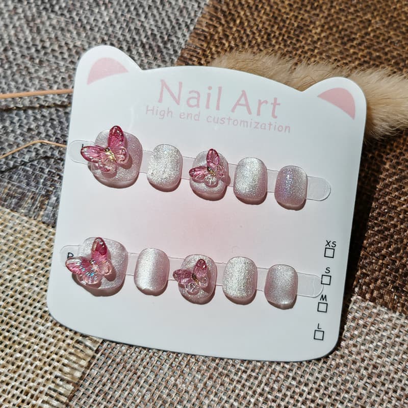 Premium Butterfly Cat Eye Kids Wearable Nails Cartoon 3D Fake Nail Stickers for Girls Ages 3-6-11