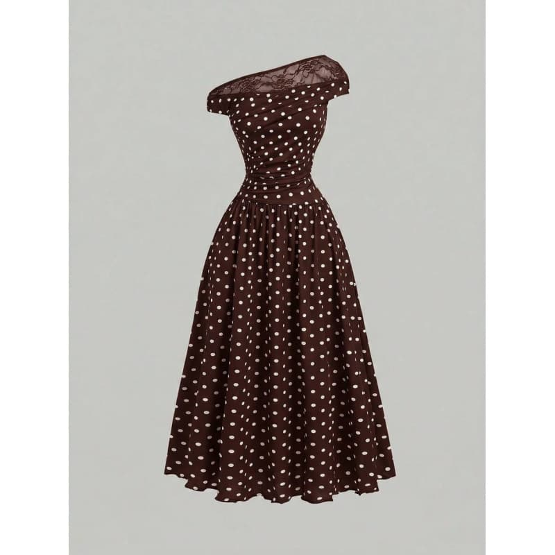 Amazon Cross-Border European Summer New Retro Lace Patch Off-Shoulder Polka Dot Print Asymmetrical Long Dress