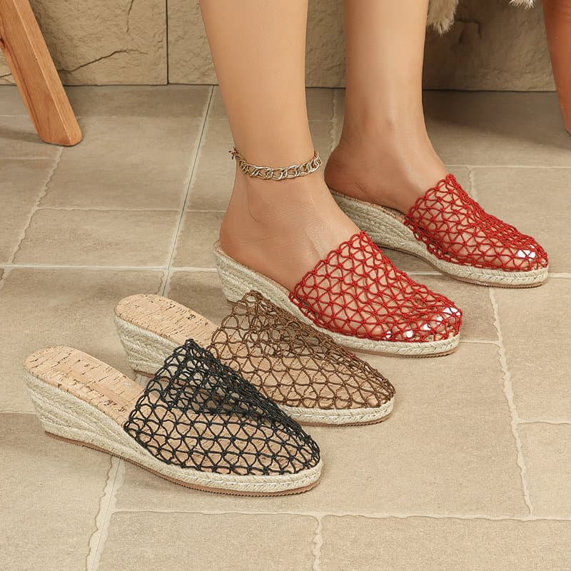 Summer Style Mesh Woven Hollow Sandals, Versatile for Daily Wear, Women's Sandals, European and American Breathable Wedge Sandals Wholesale