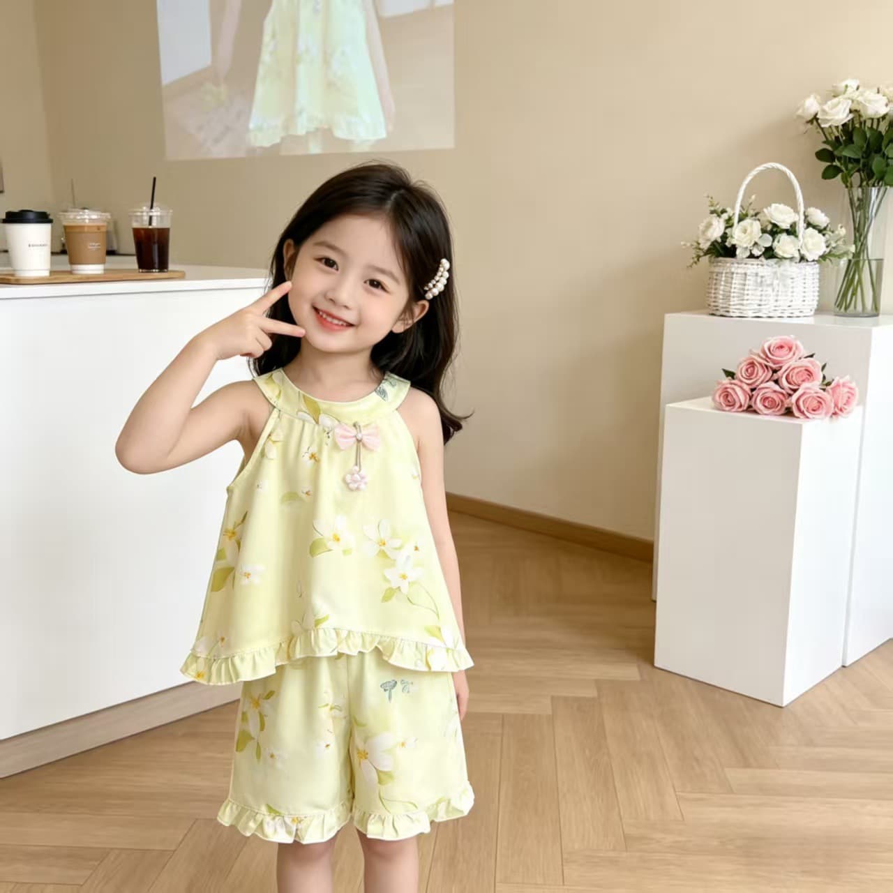Girls Summer Thin Doll Collar Sleeveless Top and Shorts Cotton Lyocell Floral Two-Piece Set with Cute Rabbit Ears