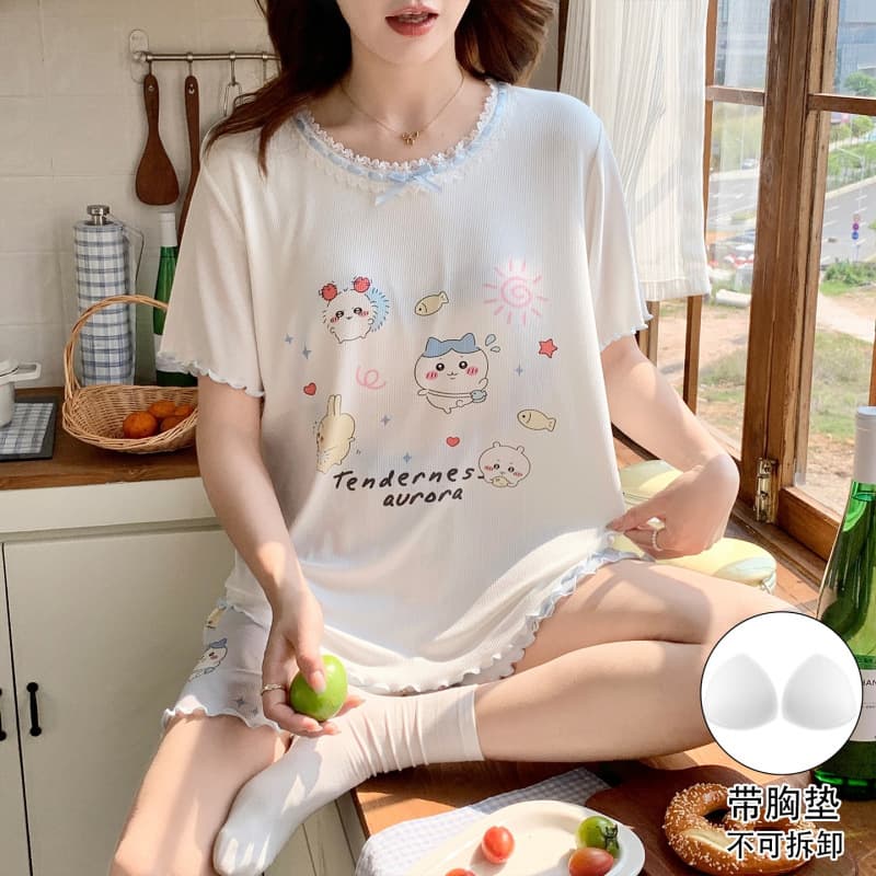 Women's Summer New Ice Silk Ribbed Short-Sleeve Shorts Pajamas with Bra Pad, Sweet Korean Style Loose Homewear