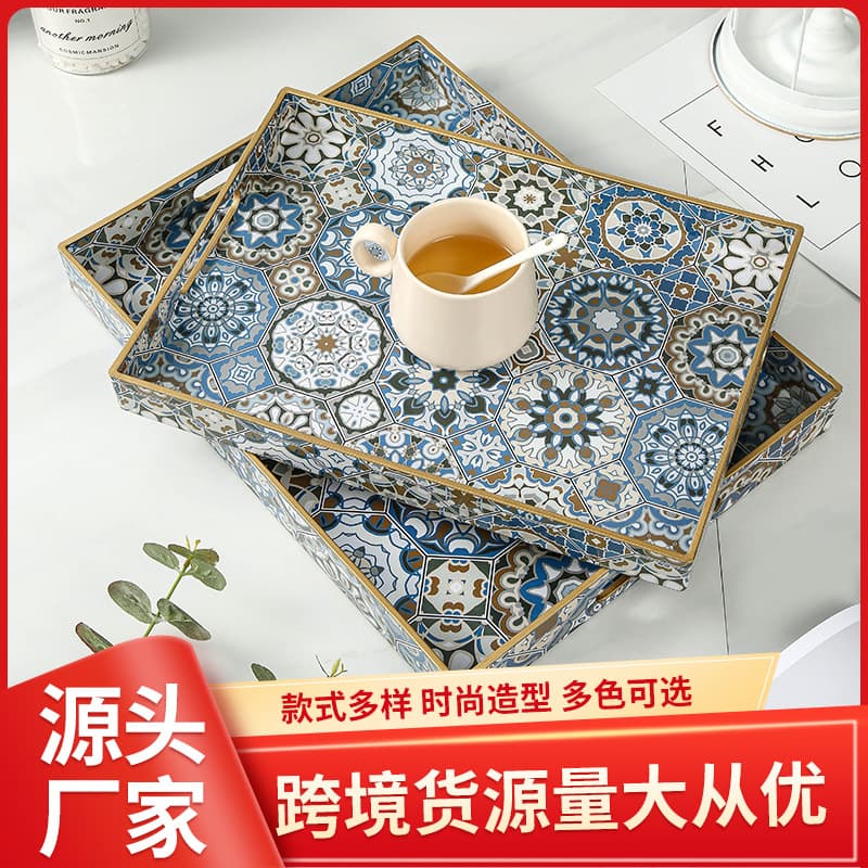 Blue Floral Tile Decorative Tray, Creative Coffee Table Ornament Tray, French Light Luxury Plastic Tray Wholesale