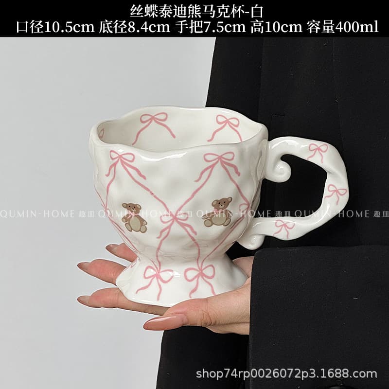 Bow Bear Mug Tall Coffee Cup Ceramic Water Cup Ins Style Milk Cup Annual Meeting Gift Souvenir
