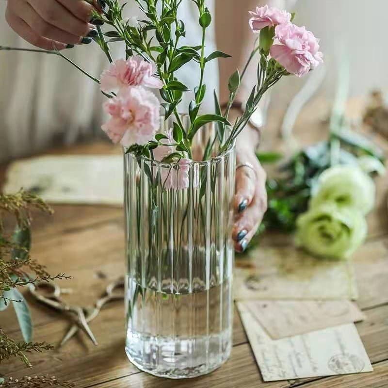Transparent decorative glass vase Nordic ins style living room creative ornaments vertical pattern vase dried flowers hydroponic flower arranging device