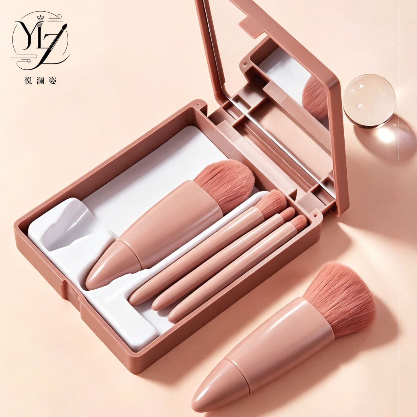 Portable 5-piece mirror box, makeup brush, blush brush, foundation brush with mirror, convenient for traveling and easy to carry beauty tools