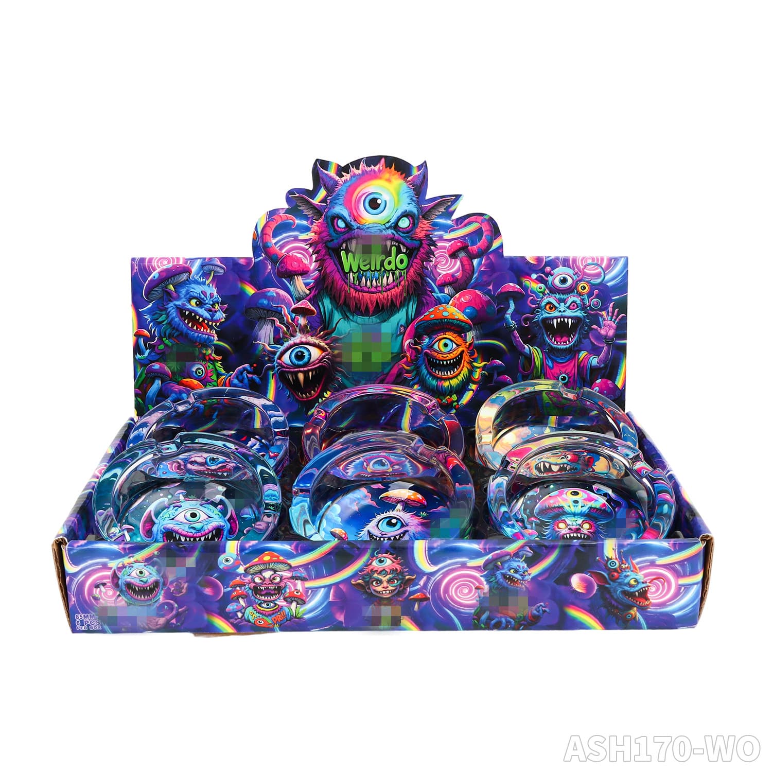 Cross-border new model Weirdo brand series round head glass ashtray, diameter 85mm, display box packaging