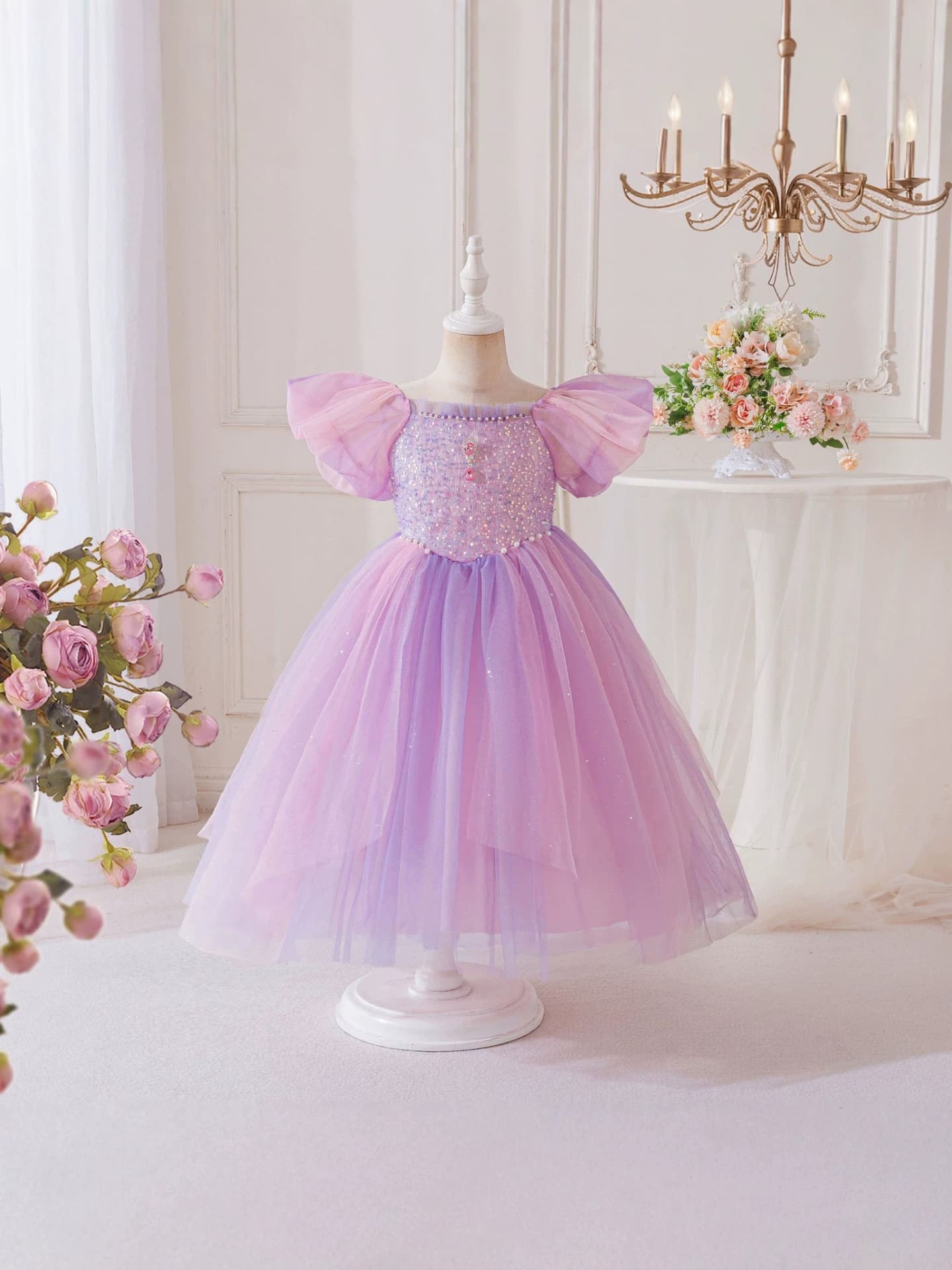 Carefully selected new children's light purple starlight princess dress fairy puff sleeve mesh dress skirt girls stage performance clothing