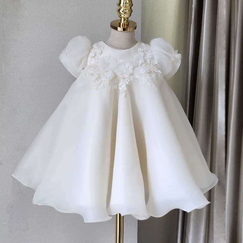 2026 New Girls Princess Dress Summer First Birthday Baby Children Flower Girl White Toddler Gown