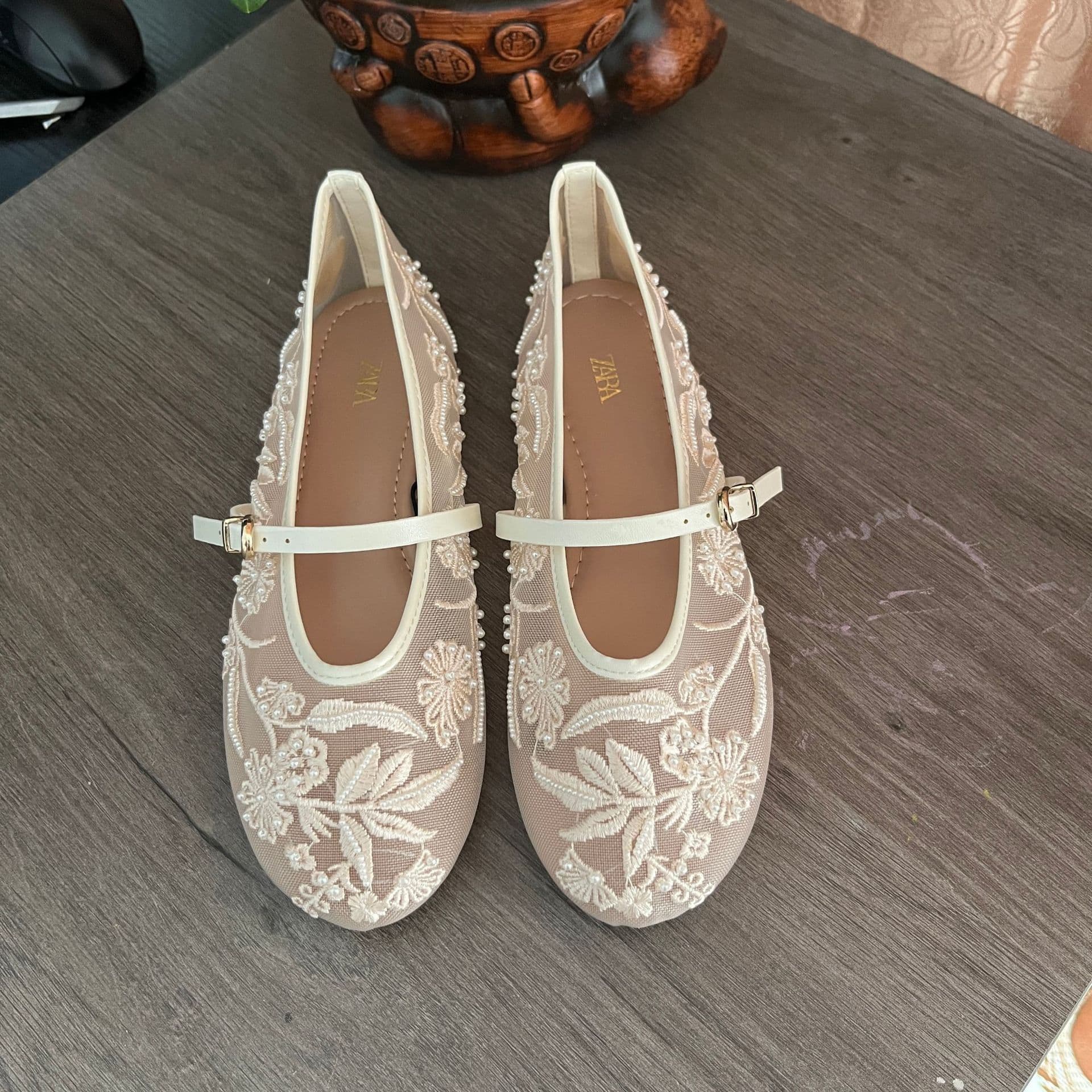 ZA 2025 New Women's Flat Mary Jane Shoes New Embroidery Chinese Style Closed-Toe White Sandals