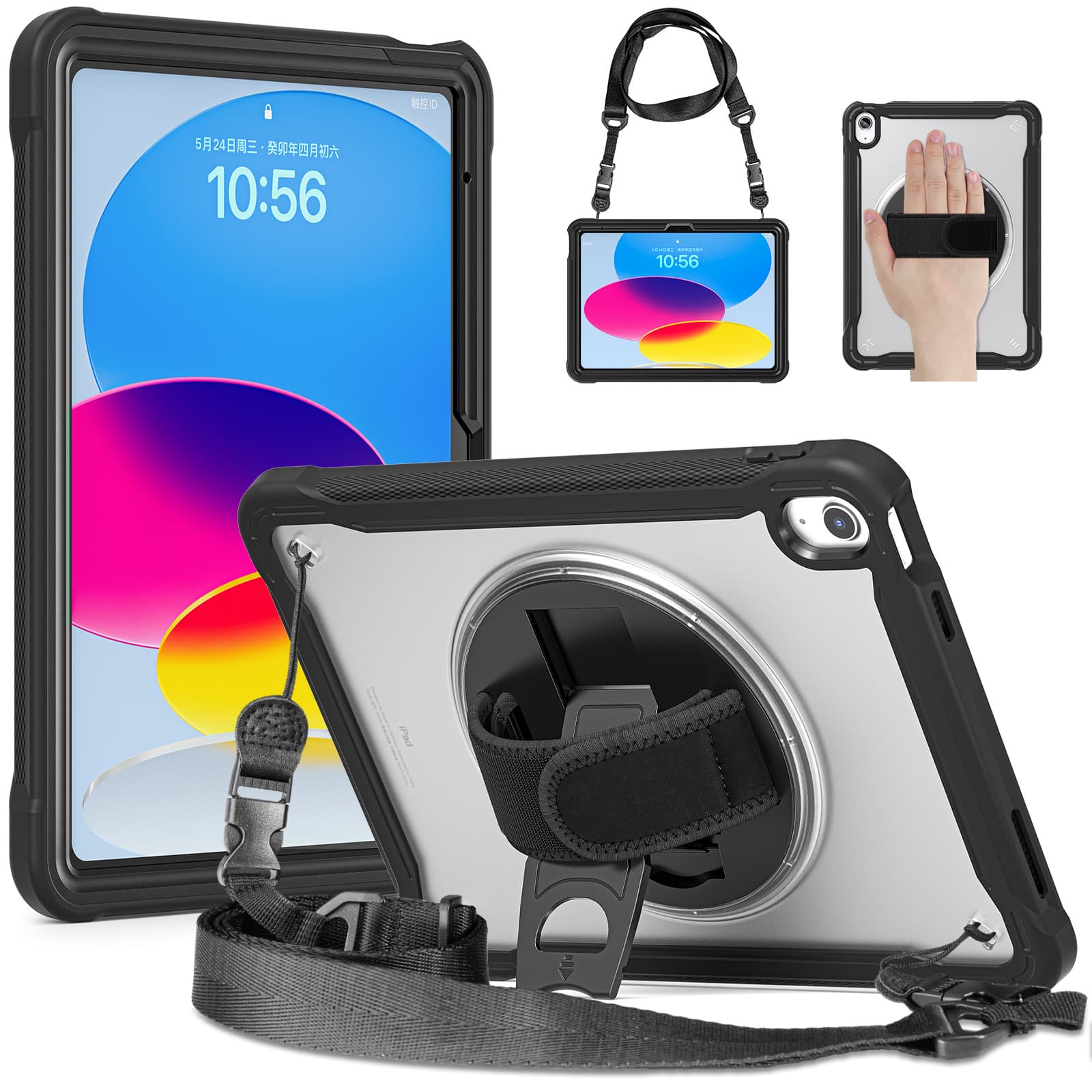 Suitable for iPad 10 A16 Transparent Black PC Rotating Stand Tablet Case 10th Generation Strap Protective Case Factory Ready Stock