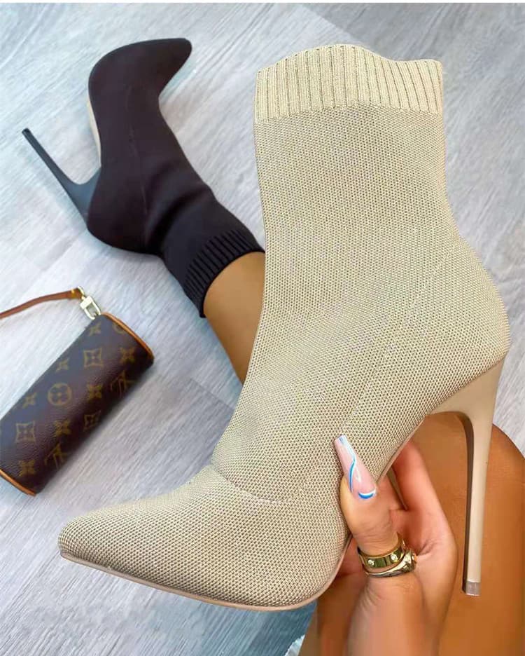 2021 Autumn Winter Wool Short Boots Women's Shoes Pointed Thick Heel Martin Stretch Boots Knitted Socks Boots Export Large Size Autumn Winter