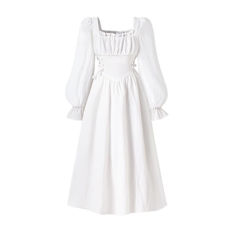 New 2025 Fall/Winter Fashionable Lantern Sleeve Back Shirred Bow Waist Flared Dress for Girls