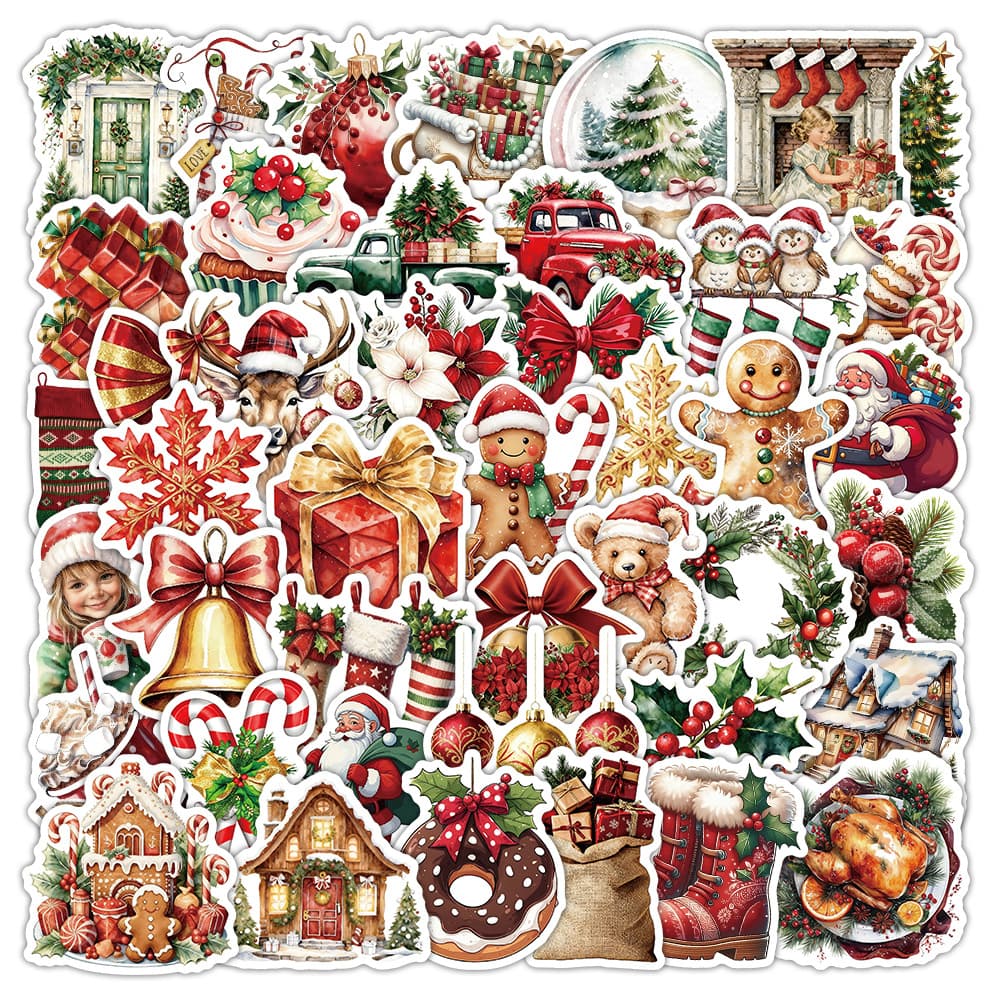 50-Piece Vintage Christmas Stickers, Christmas Eve Atmosphere Cake Apple Doodle Decorative Waterproof Stickers for Phone and Water Cup