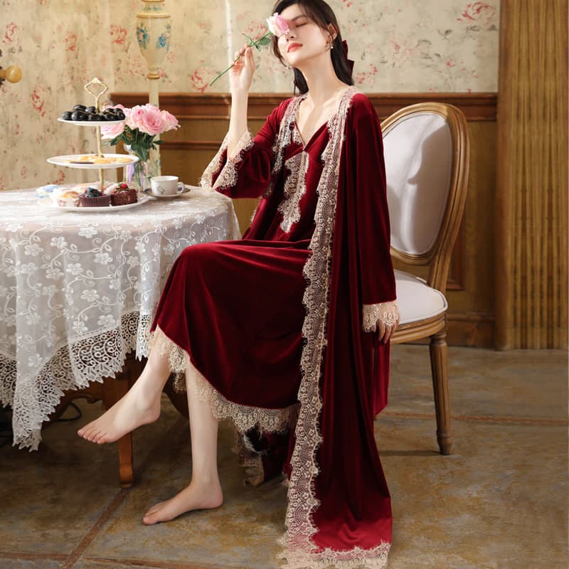 Long Sleeve Velvet Nightgown for Women, Bride Morning Robe, Palace Style Warm Pajamas, Wearable Outdoors Homewear Set for Winter