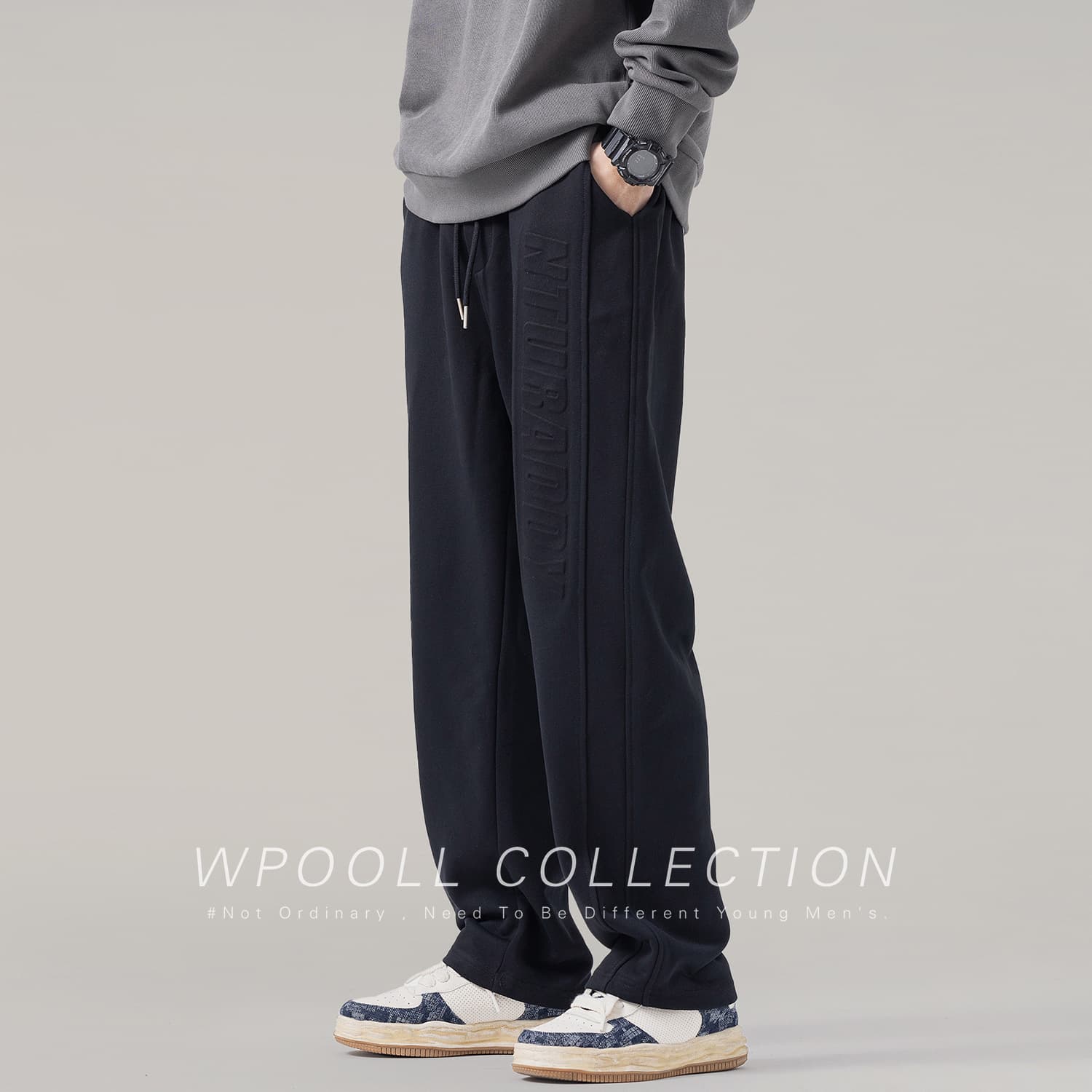 American Straight Tube Athletic Sweatpants for Men, Spring/Fall Loose Fit, Draping Fabric, Letter Embossed, Casual Long Pants, Plus Size