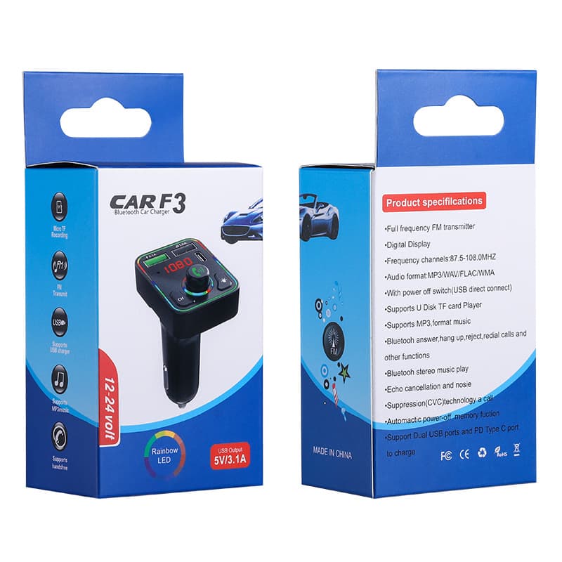 F3 Car Bluetooth MP3 Player with hands-free ambient lighting, PD fast charging compatible with Huawei, Samsung, Xiaomi smart audio