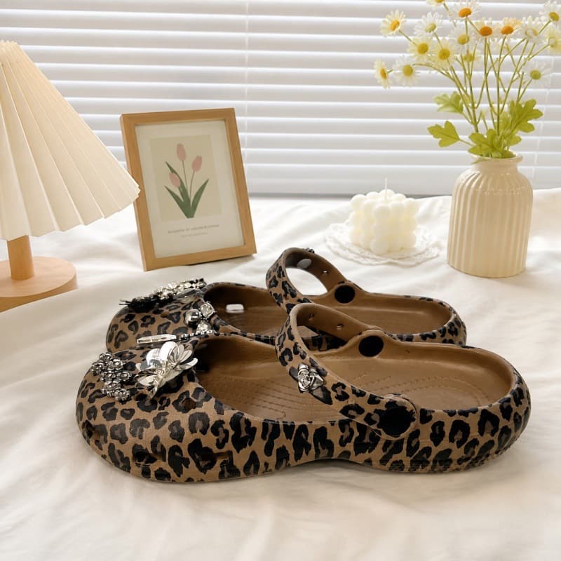 Leopard Print Mary Jane Shoes Ballet Flats Sandals Women's Crocs Style Outdoor Slide Sandals Beach Shoes Home Slippers