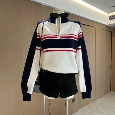 Ready Stock Lazy Style Women's Sweater Autumn Winter 2024 Retro Striped Knit High-End Long Sleeve Top