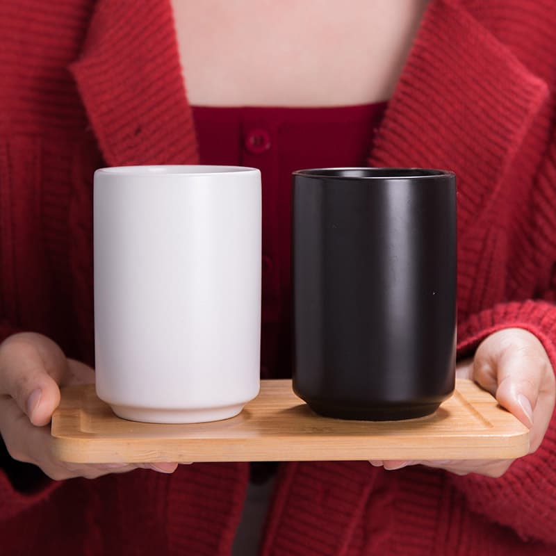 Japanese-style Black and White Ceramic Mug, Straight Tumbler, Tea Cup, Handleless Hotel Toothbrush Cup, Mouthwash Cup with Bamboo Tray, Logo