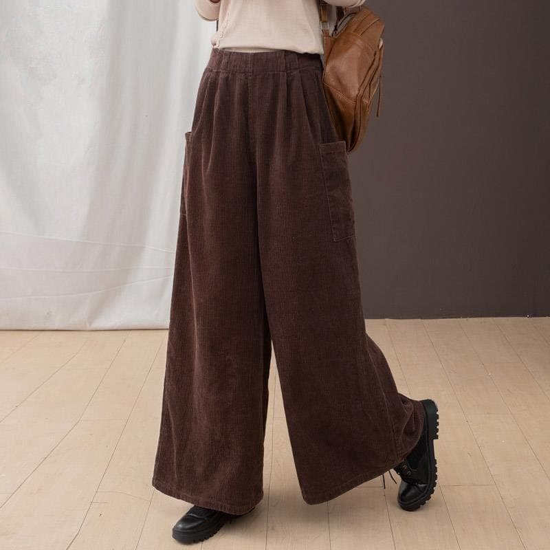 Women's Winter Fleece-Lined Wide-Leg Corduroy Pants, High-Waist, Loose Fit, Coffee Color, Pairs with Martin Boots