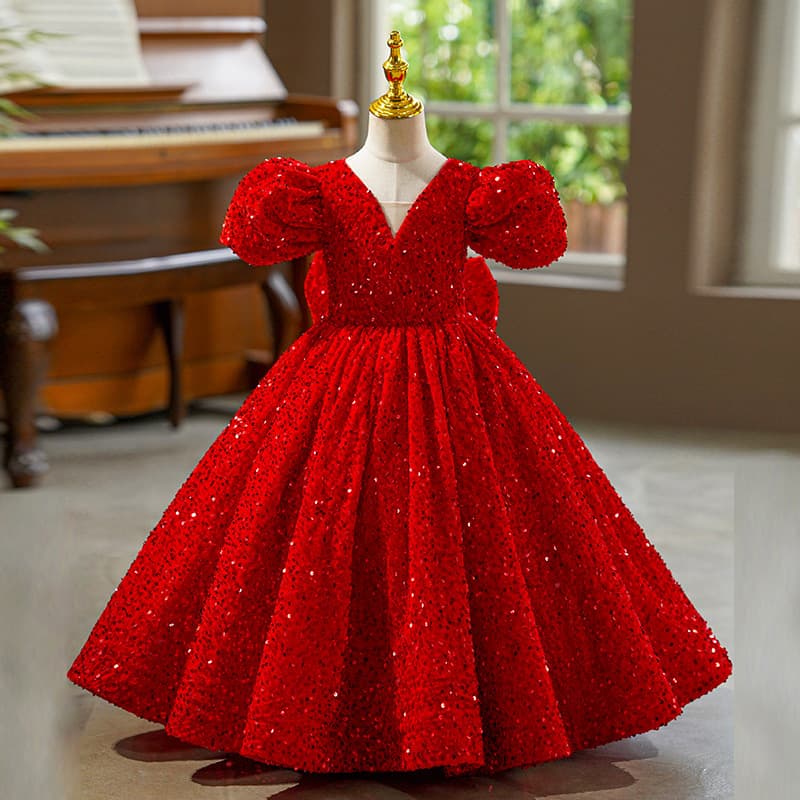 Red Children's Formal Dress Sequined Girls Host Piano Performance Costume Birthday Princess Dress Runway Puffy Dress
