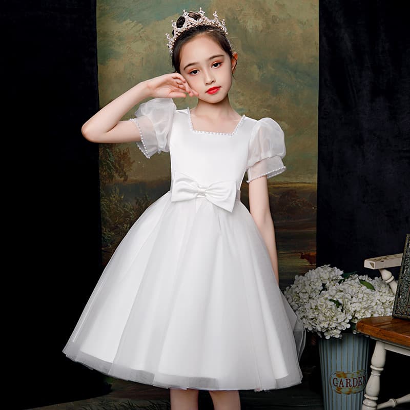Girls White Tulle Birthday Princess Dress, Puffy Tutu Children's Host Flower Girl Gown, Little Girl Piano Performance Outfit Summer