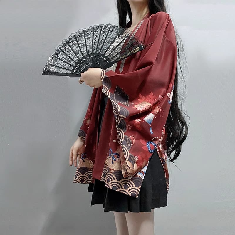 Japanese Style Inari God Spring Summer Sun Protection Kimono Cardigan, Unisex Open Front Kimono Loose Three-Quarter Sleeve
