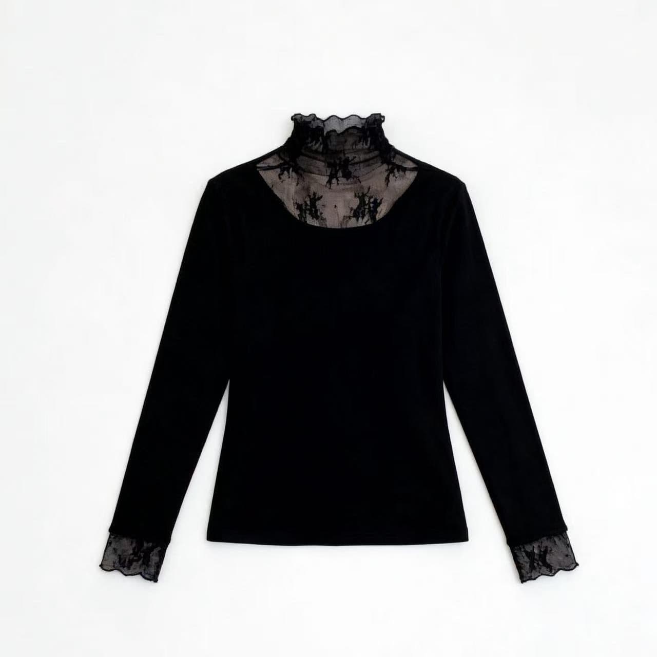Autumn Winter High Neck Double-Sided Fleece Lace Undershirt for Women, Mesh Patchwork Top, Layered Stylish Blouse