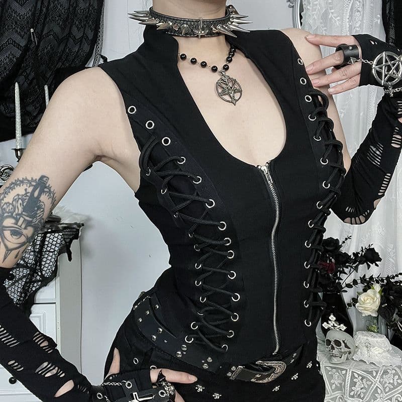 European and American cross-border hit dark gothic style lace-up waist-zipper vest sexy hot girl fashion personality slimming