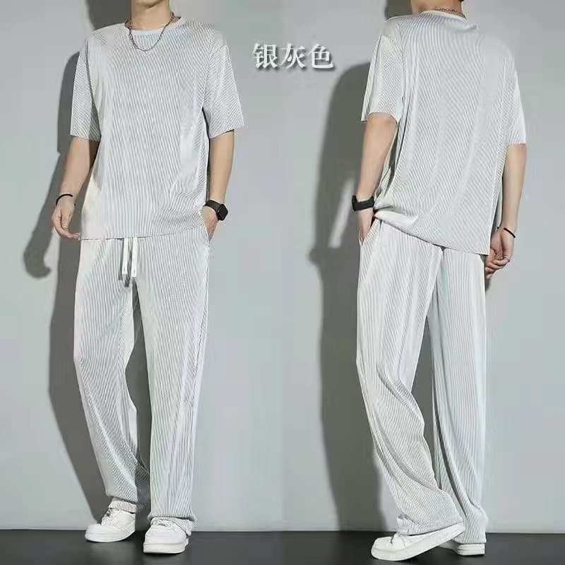 2024 New Summer Ice Silk Sport Suit Men's Draping Quick-Dry Running Casual Two-Piece Short Sleeve T-Shirt and Thin Pants